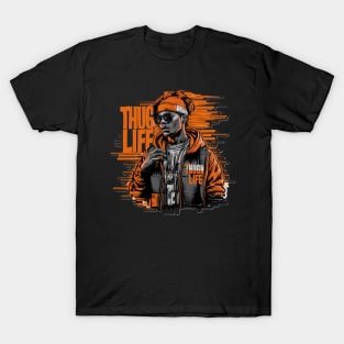 Bold Thug Life Design Featuring Black Guy in Orange T-Shirt